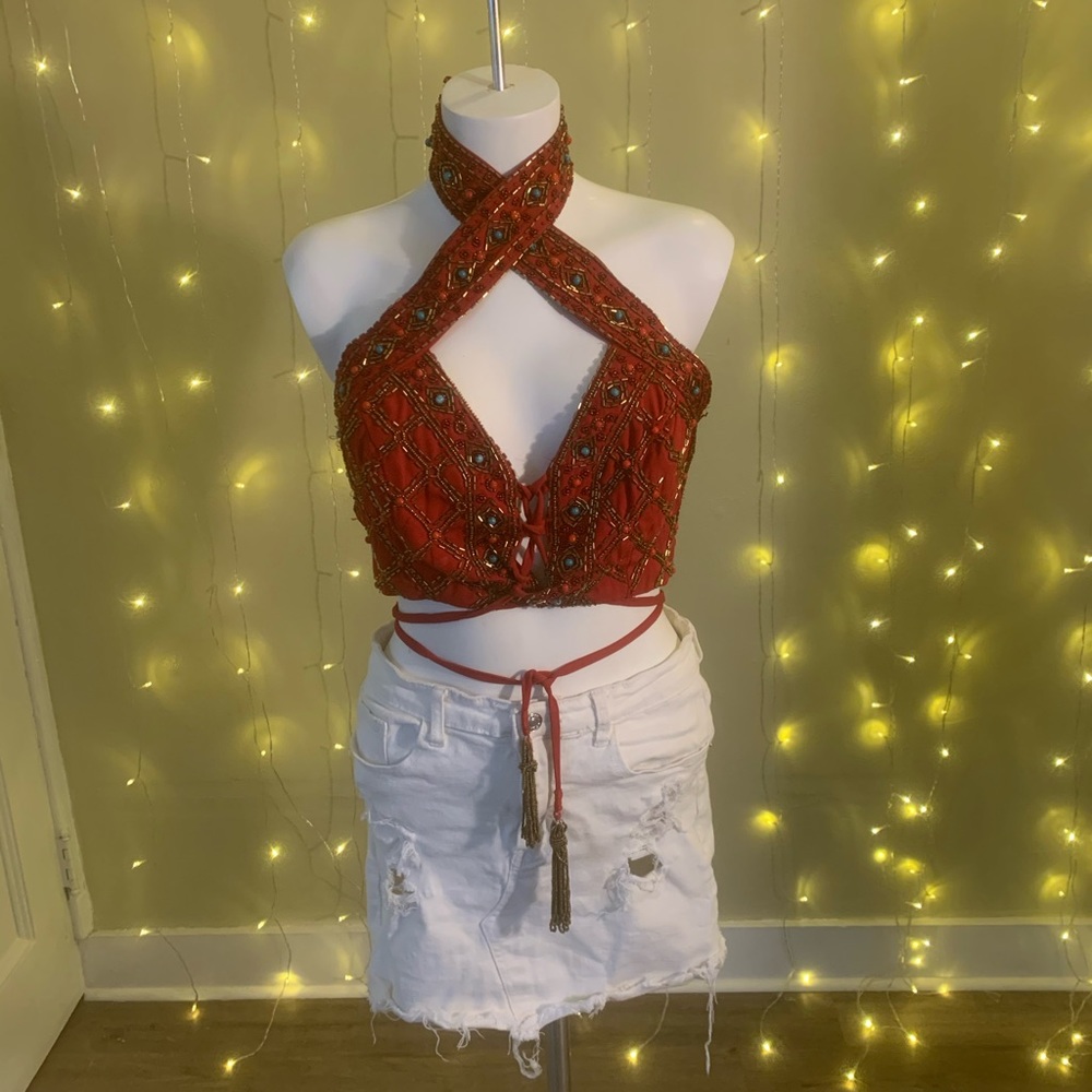 Embellished turquoise & red front wrap crop top